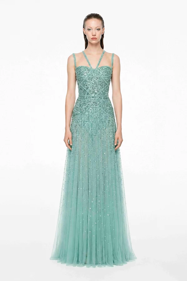 water green beaded corset gown