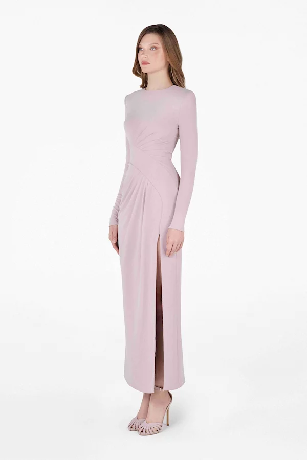 فستان ميدي درابيه باللون الوردي الناعم