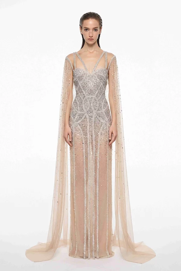 white beaded tulle column dress