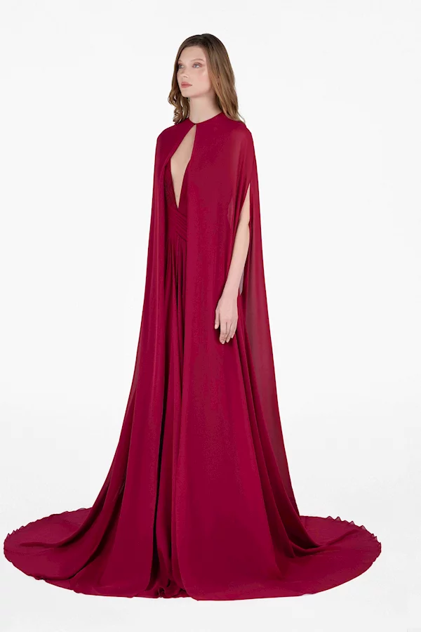 فستان موسلين ماكسي باللون البرغندي مع درابيه