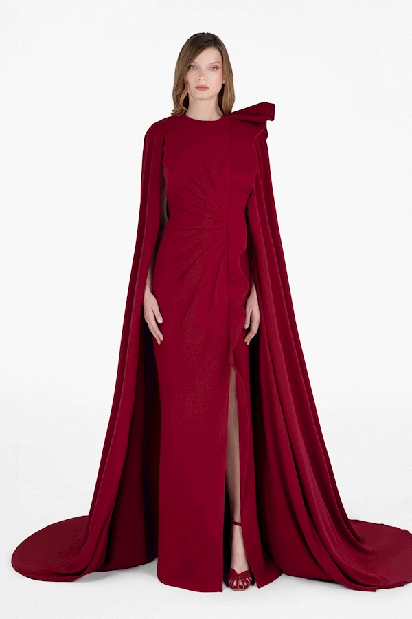 fitted lace wedding dress Long Formal Dress with Floor-Length Sheer Cape Sleeves Red / 12 main image 0