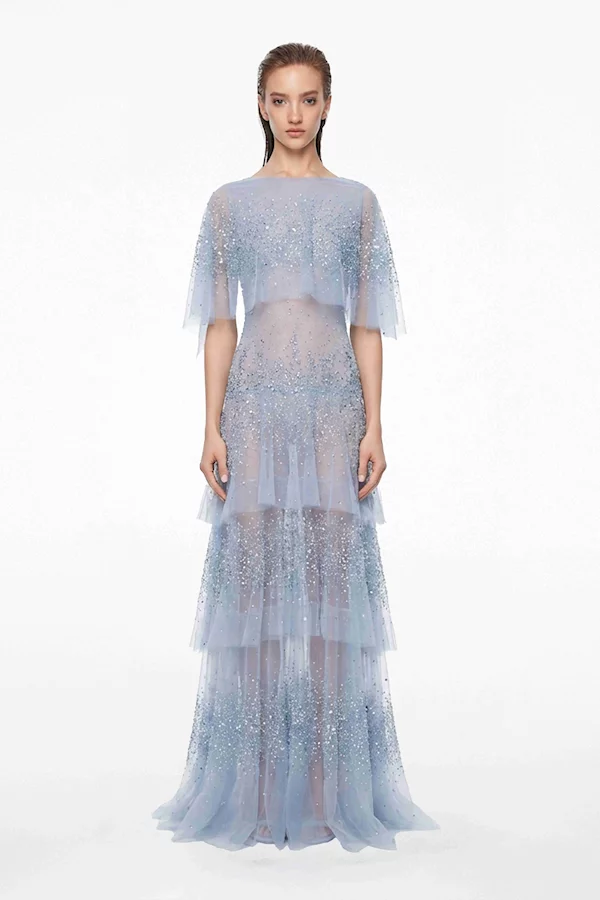 skylight blue beaded cape gown