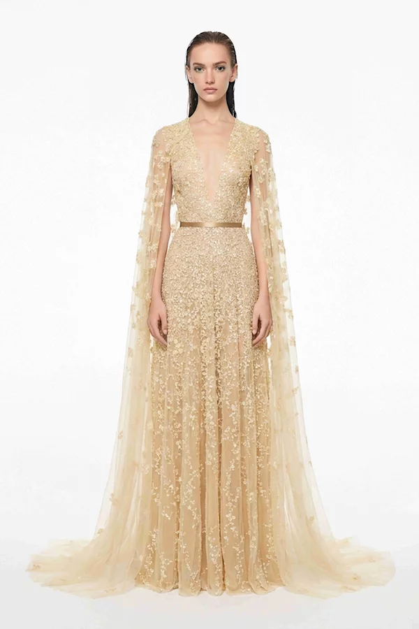 sunlight yellow beaded cape gown