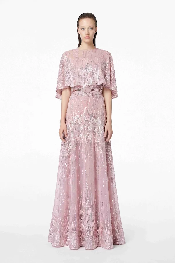 quartz pink beaded tulle gown