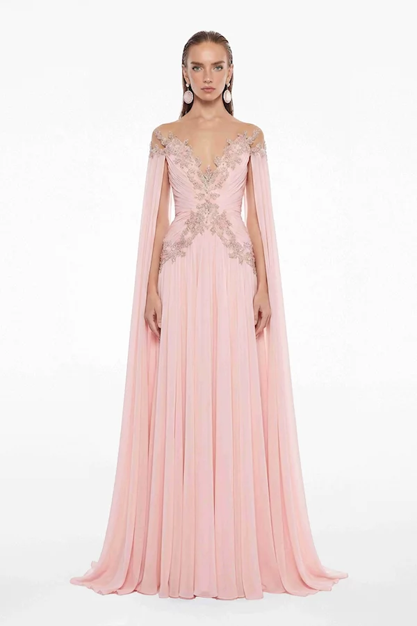 quartz pink muslin cape gown